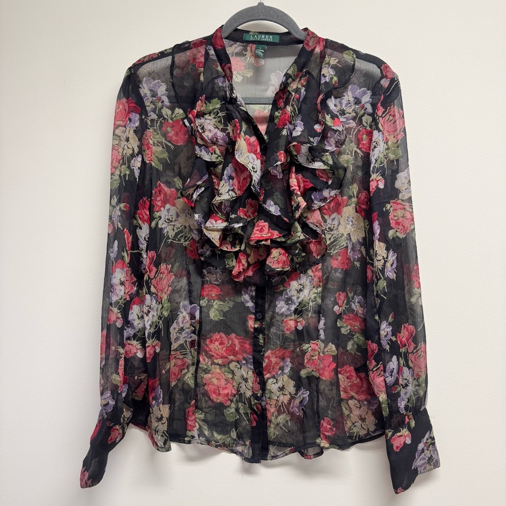 Ralph Lauren Black Sheer Floral Ruffle Blouse Women’s Size L